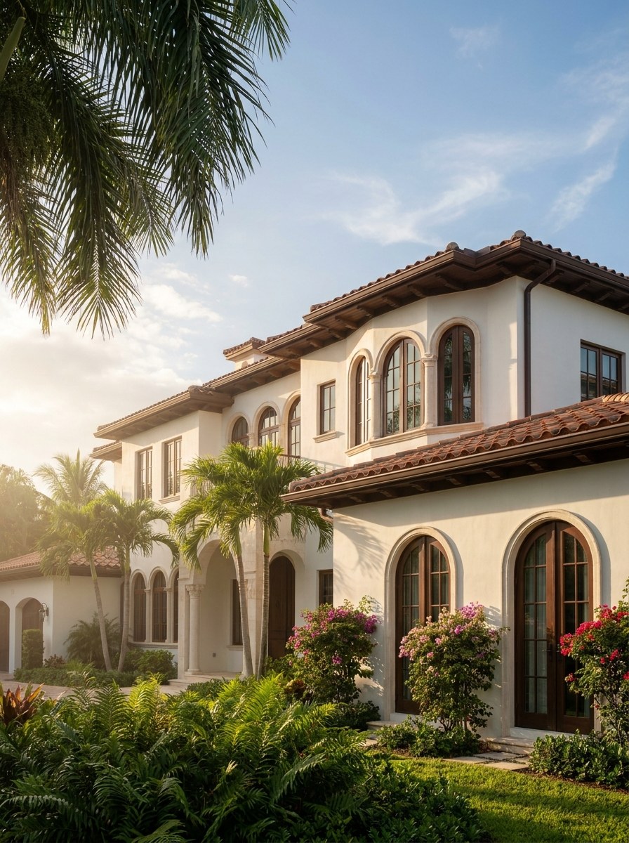 Mediterranean-revival home in Miami at golden hour